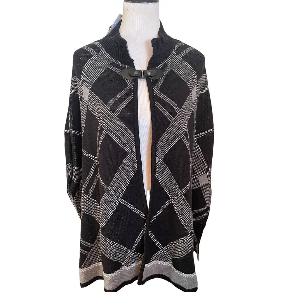 New Croft & Barrow Mock Neck Plaid COZY Cotton BLEND Sweater Poncho L/XL